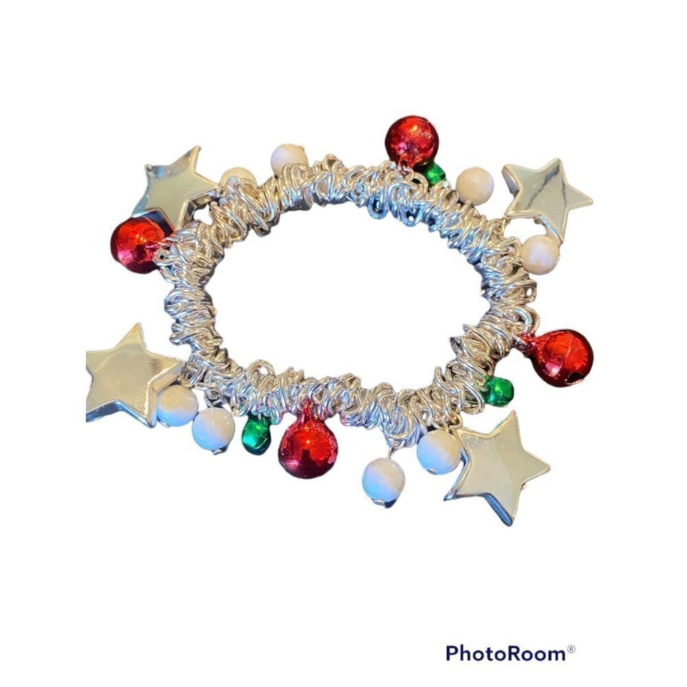 Silvertone Christmas Bell Silver Charm Stretch Chain Bracelet
